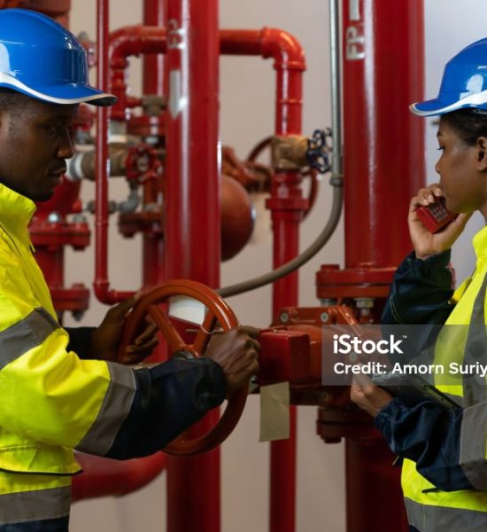 istockphoto-1420184828-1024×1024 Team of engineer or technician maintenance, checking, or test system springer prevent fire. Group of African American contractor checking fire sprinkler system, pipe assembly, red fire pipe